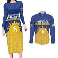 Personalized Merionethshire Wales Couples Matching Long Sleeve Bodycon Dress and Long Sleeve Button Shirt Celtic Sun and Goat Design - Wonder Print Shop