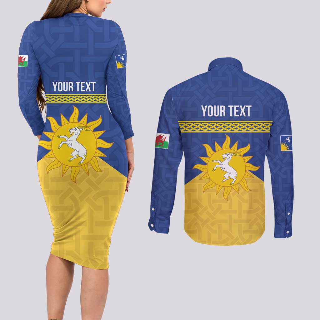 Personalized Merionethshire Wales Couples Matching Long Sleeve Bodycon Dress and Long Sleeve Button Shirt Celtic Sun and Goat Design - Wonder Print Shop