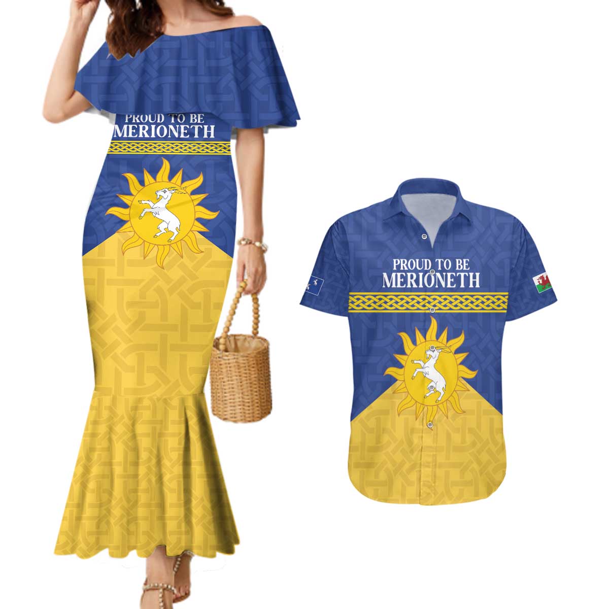 Personalized Merionethshire Wales Couples Matching Mermaid Dress and Hawaiian Shirt Celtic Sun and Goat Design - Wonder Print Shop