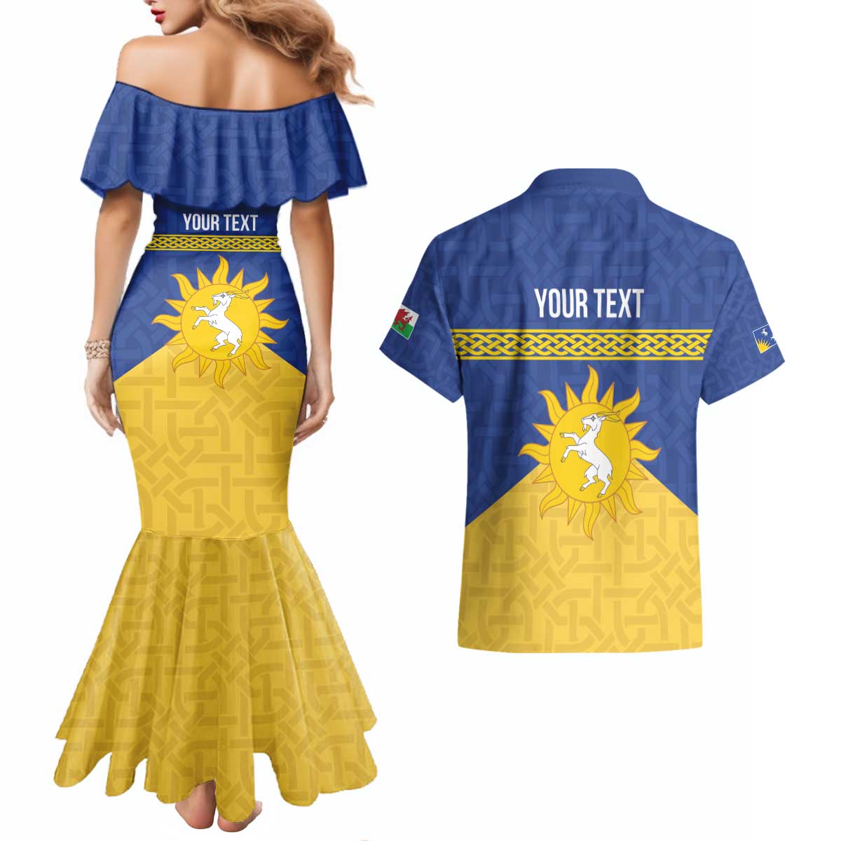 Personalized Merionethshire Wales Couples Matching Mermaid Dress and Hawaiian Shirt Celtic Sun and Goat Design - Wonder Print Shop
