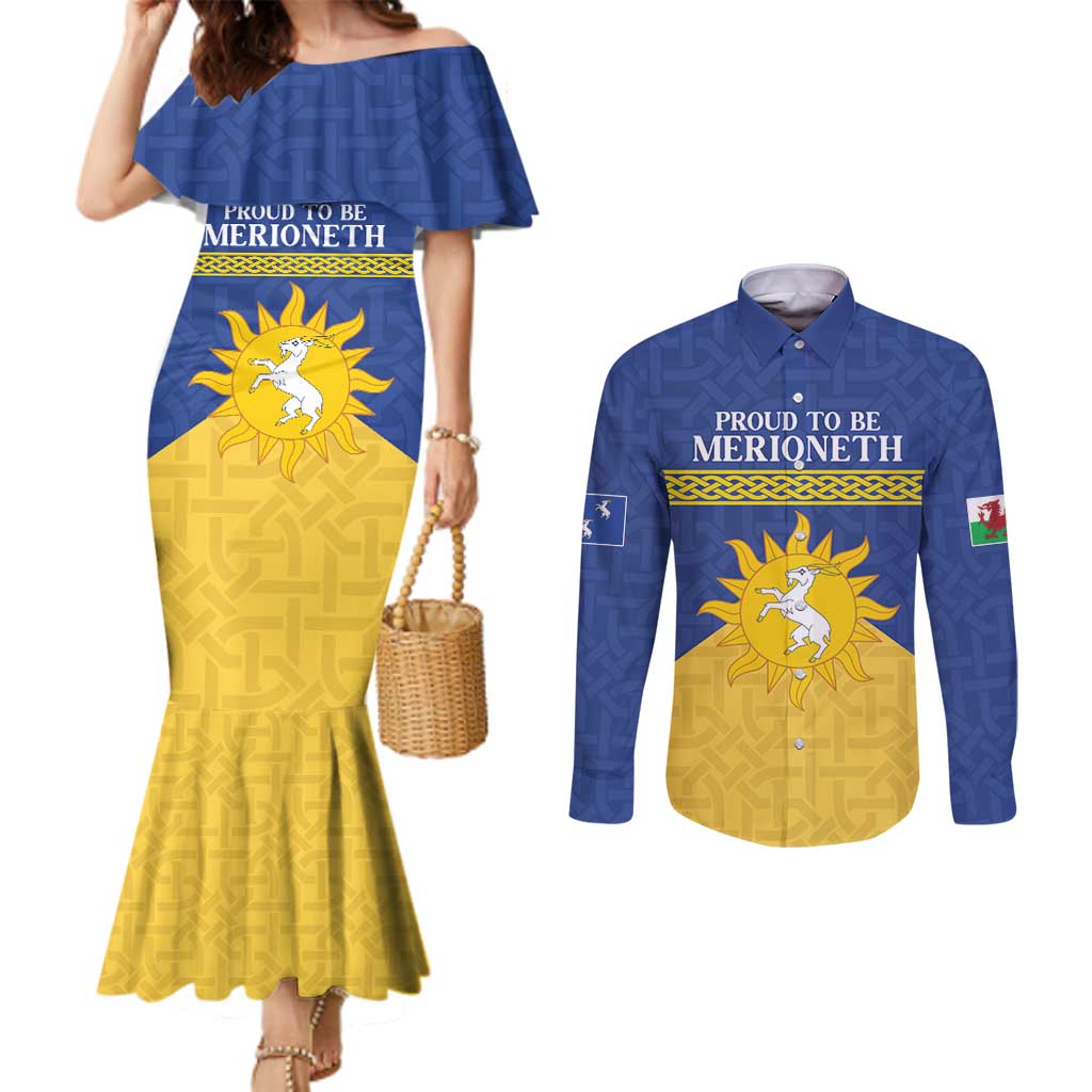 Personalized Merionethshire Wales Couples Matching Mermaid Dress and Long Sleeve Button Shirt Celtic Sun and Goat Design - Wonder Print Shop
