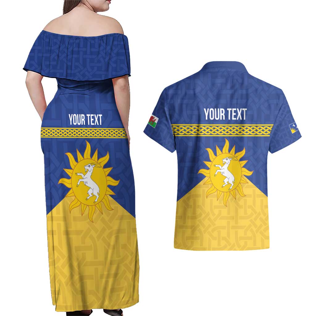 Personalized Merionethshire Wales Couples Matching Off Shoulder Maxi Dress and Hawaiian Shirt Celtic Sun and Goat Design - Wonder Print Shop