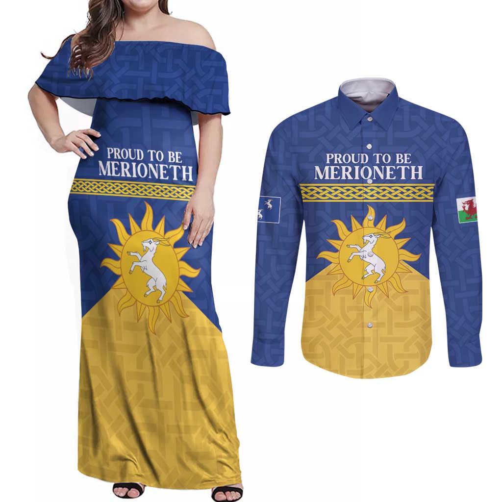 Personalized Merionethshire Wales Couples Matching Off Shoulder Maxi Dress and Long Sleeve Button Shirt Celtic Sun and Goat Design - Wonder Print Shop
