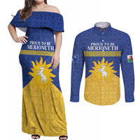 Personalized Merionethshire Wales Couples Matching Off Shoulder Maxi Dress and Long Sleeve Button Shirt Celtic Sun and Goat Design - Wonder Print Shop