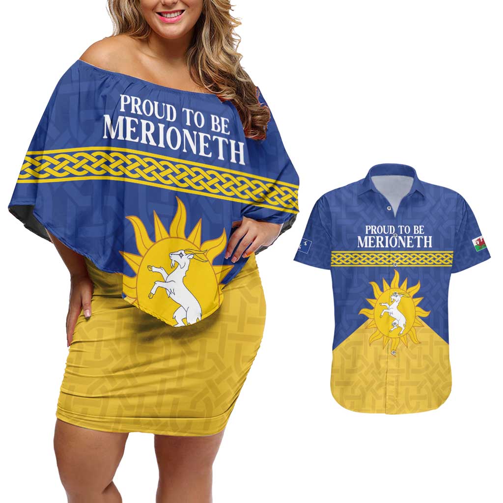 Personalized Merionethshire Wales Couples Matching Off Shoulder Short Dress and Hawaiian Shirt Celtic Sun and Goat Design - Wonder Print Shop