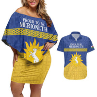 Personalized Merionethshire Wales Couples Matching Off Shoulder Short Dress and Hawaiian Shirt Celtic Sun and Goat Design - Wonder Print Shop