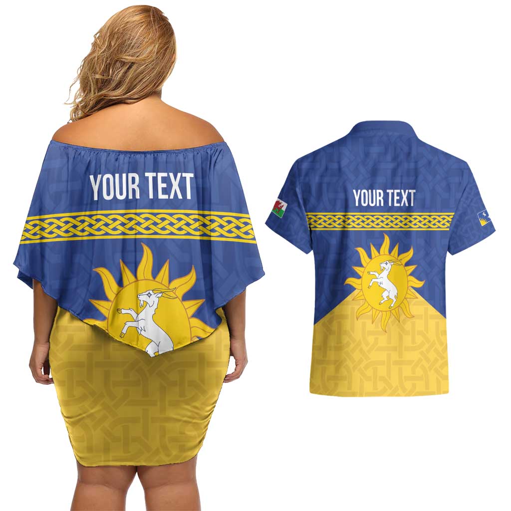 Personalized Merionethshire Wales Couples Matching Off Shoulder Short Dress and Hawaiian Shirt Celtic Sun and Goat Design - Wonder Print Shop