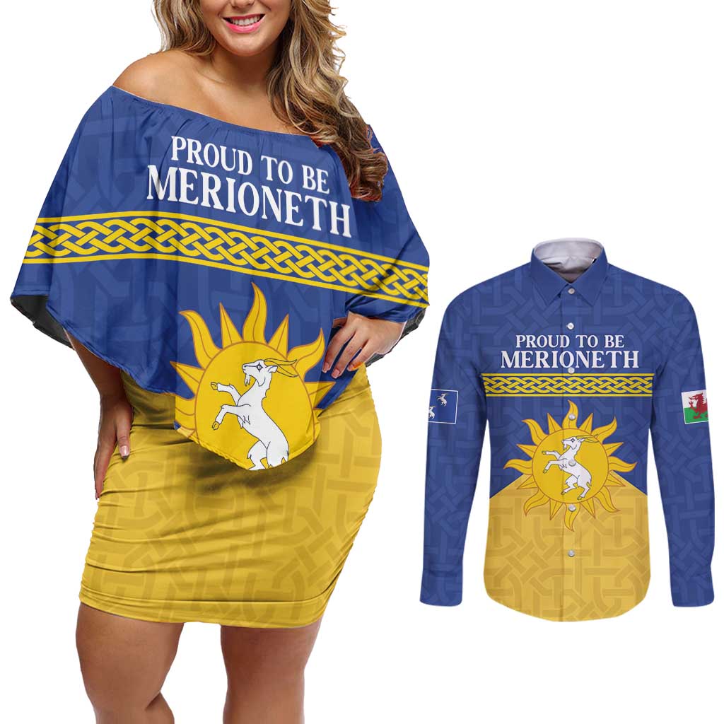 Personalized Merionethshire Wales Couples Matching Off Shoulder Short Dress and Long Sleeve Button Shirt Celtic Sun and Goat Design - Wonder Print Shop