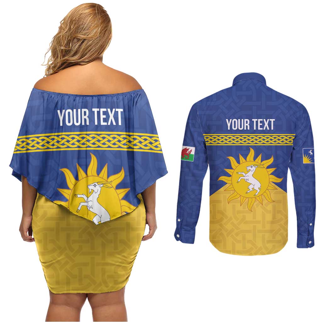 Personalized Merionethshire Wales Couples Matching Off Shoulder Short Dress and Long Sleeve Button Shirt Celtic Sun and Goat Design - Wonder Print Shop