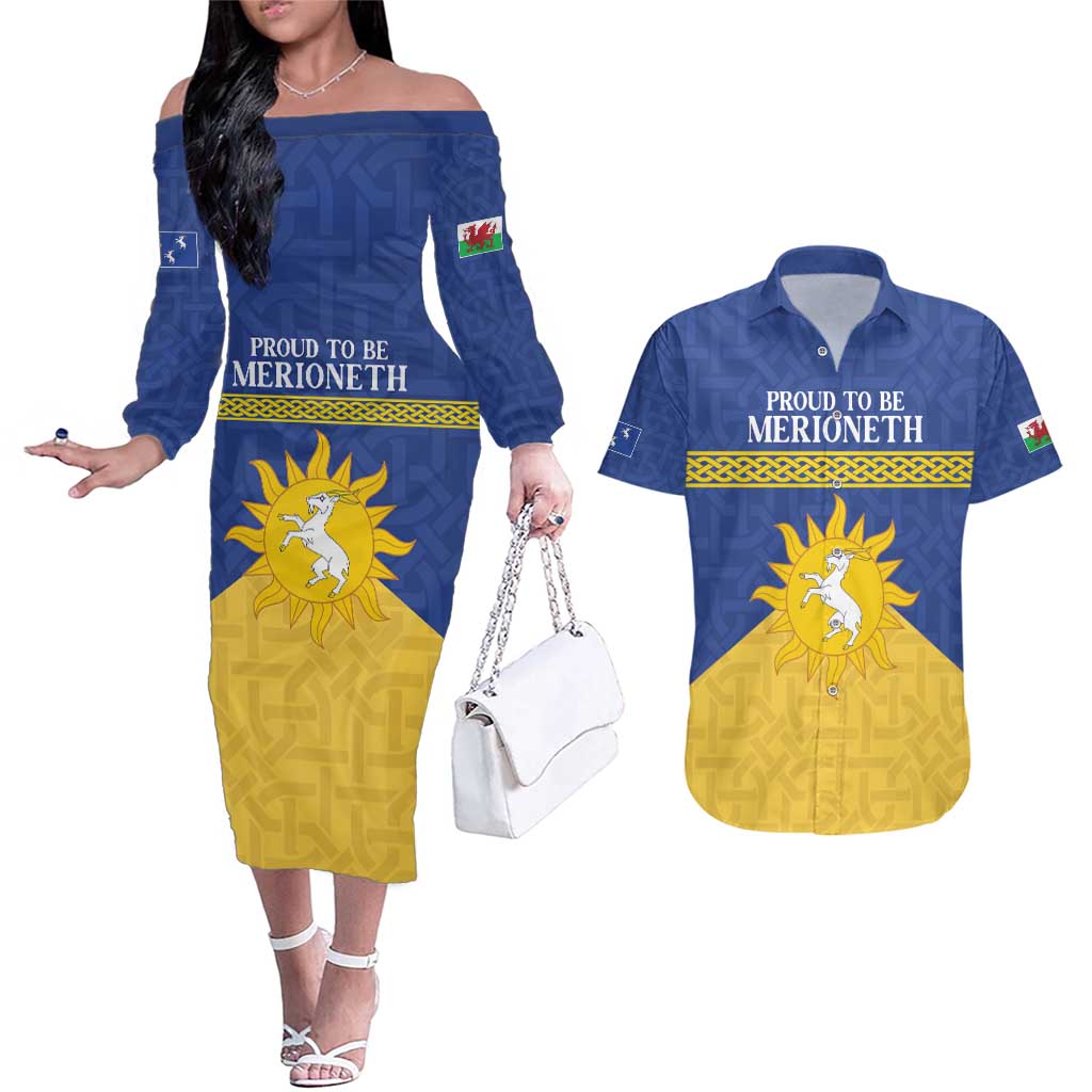 Personalized Merionethshire Wales Couples Matching Off The Shoulder Long Sleeve Dress and Hawaiian Shirt Celtic Sun and Goat Design - Wonder Print Shop