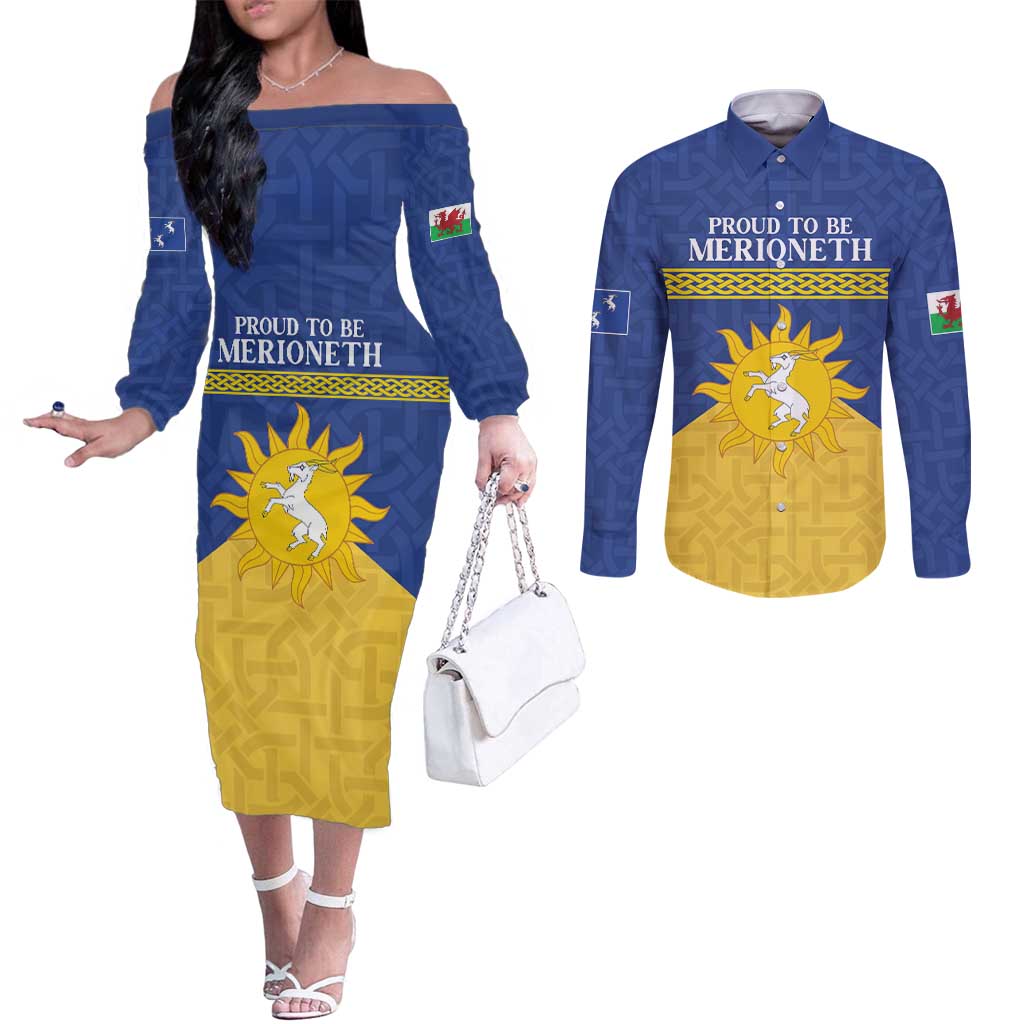Personalized Merionethshire Wales Couples Matching Off The Shoulder Long Sleeve Dress and Long Sleeve Button Shirt Celtic Sun and Goat Design - Wonder Print Shop