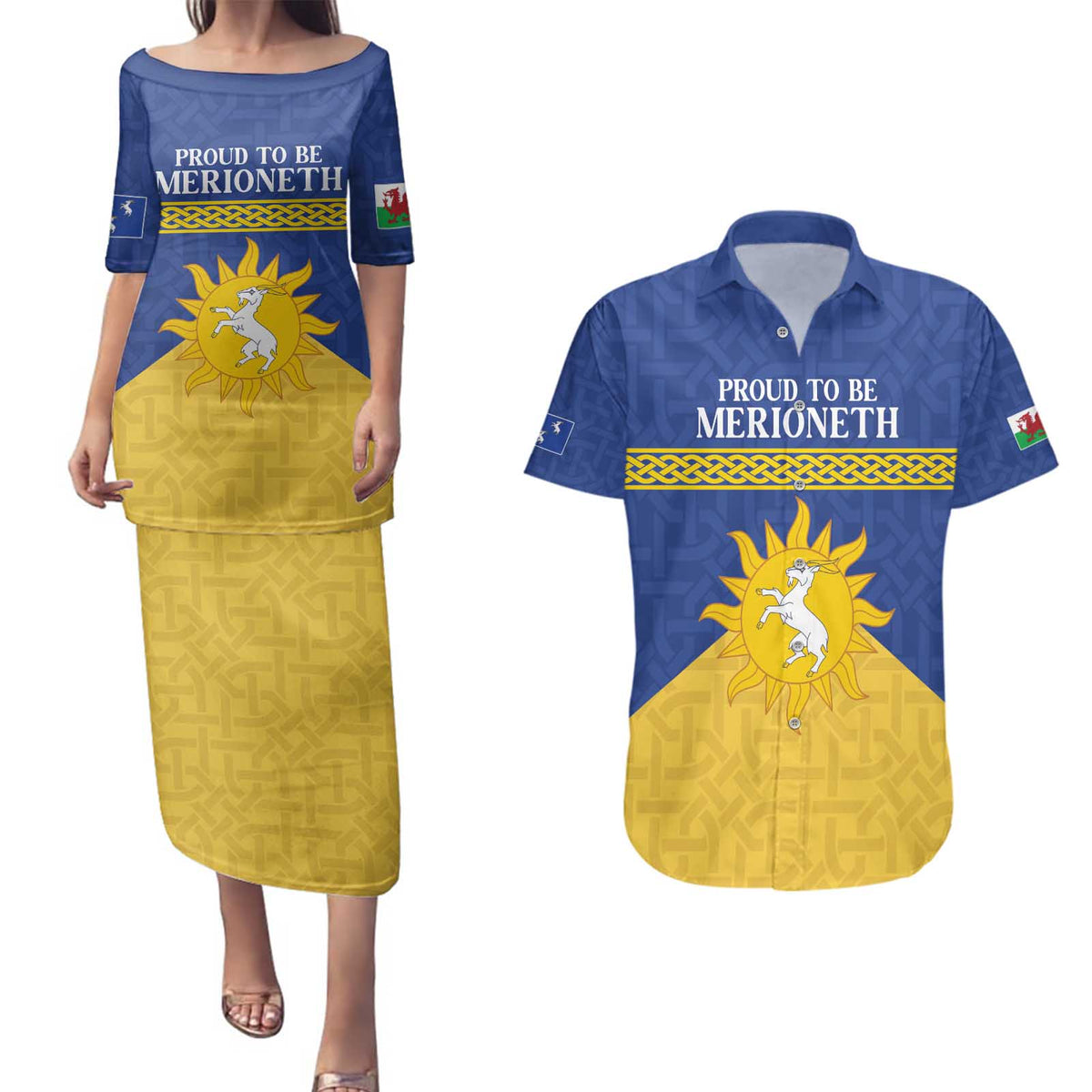 Personalized Merionethshire Wales Couples Matching Puletasi and Hawaiian Shirt Celtic Sun and Goat Design - Wonder Print Shop