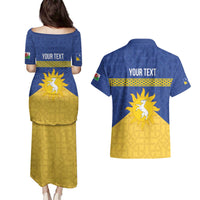 Personalized Merionethshire Wales Couples Matching Puletasi and Hawaiian Shirt Celtic Sun and Goat Design - Wonder Print Shop