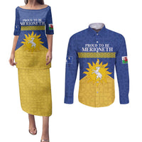 Personalized Merionethshire Wales Couples Matching Puletasi and Long Sleeve Button Shirt Celtic Sun and Goat Design - Wonder Print Shop