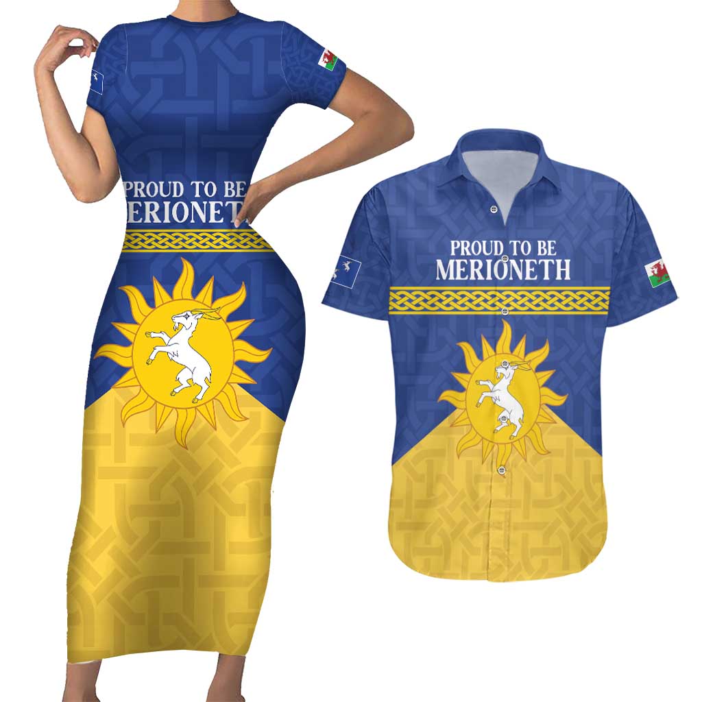 Personalized Merionethshire Wales Couples Matching Short Sleeve Bodycon Dress and Hawaiian Shirt Celtic Sun and Goat Design - Wonder Print Shop
