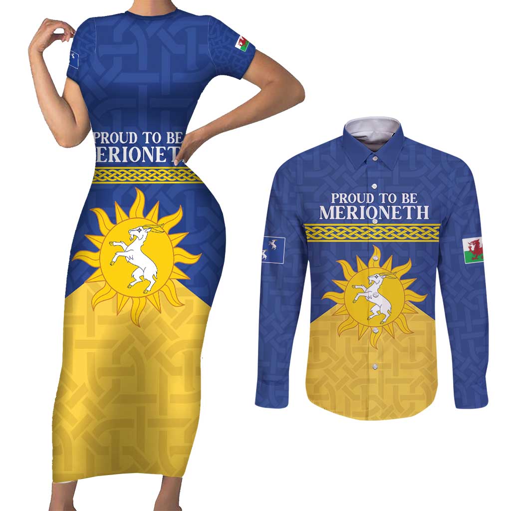 Personalized Merionethshire Wales Couples Matching Short Sleeve Bodycon Dress and Long Sleeve Button Shirt Celtic Sun and Goat Design - Wonder Print Shop