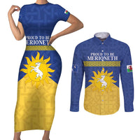 Personalized Merionethshire Wales Couples Matching Short Sleeve Bodycon Dress and Long Sleeve Button Shirt Celtic Sun and Goat Design - Wonder Print Shop