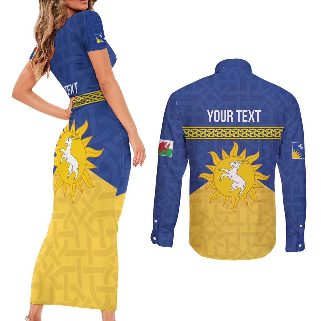 Personalized Merionethshire Wales Couples Matching Short Sleeve Bodycon Dress and Long Sleeve Button Shirt Celtic Sun and Goat Design - Wonder Print Shop