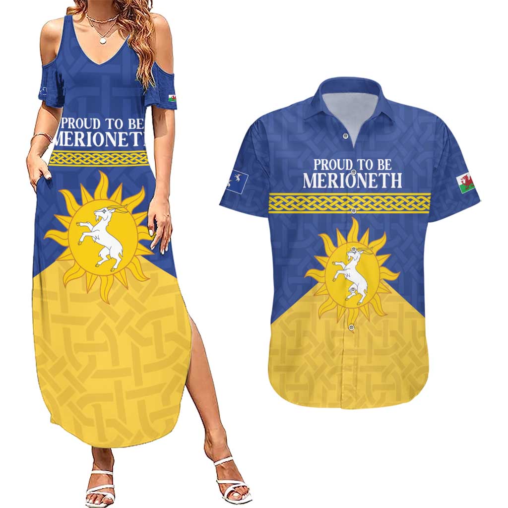 Personalized Merionethshire Wales Couples Matching Summer Maxi Dress and Hawaiian Shirt Celtic Sun and Goat Design - Wonder Print Shop