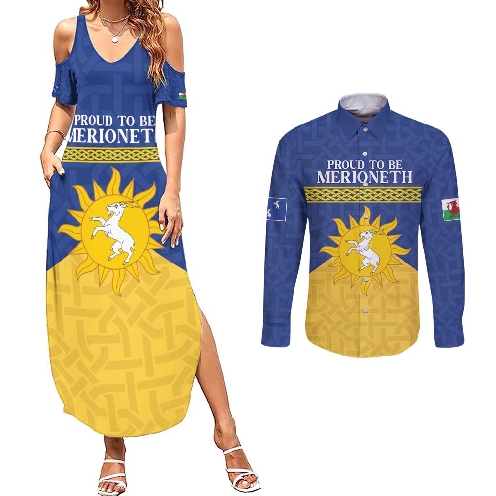 Personalized Merionethshire Wales Couples Matching Summer Maxi Dress and Long Sleeve Button Shirt Celtic Sun and Goat Design - Wonder Print Shop