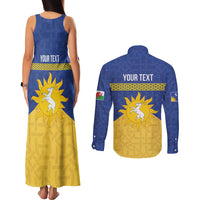 Personalized Merionethshire Wales Couples Matching Tank Maxi Dress and Long Sleeve Button Shirt Celtic Sun and Goat Design - Wonder Print Shop