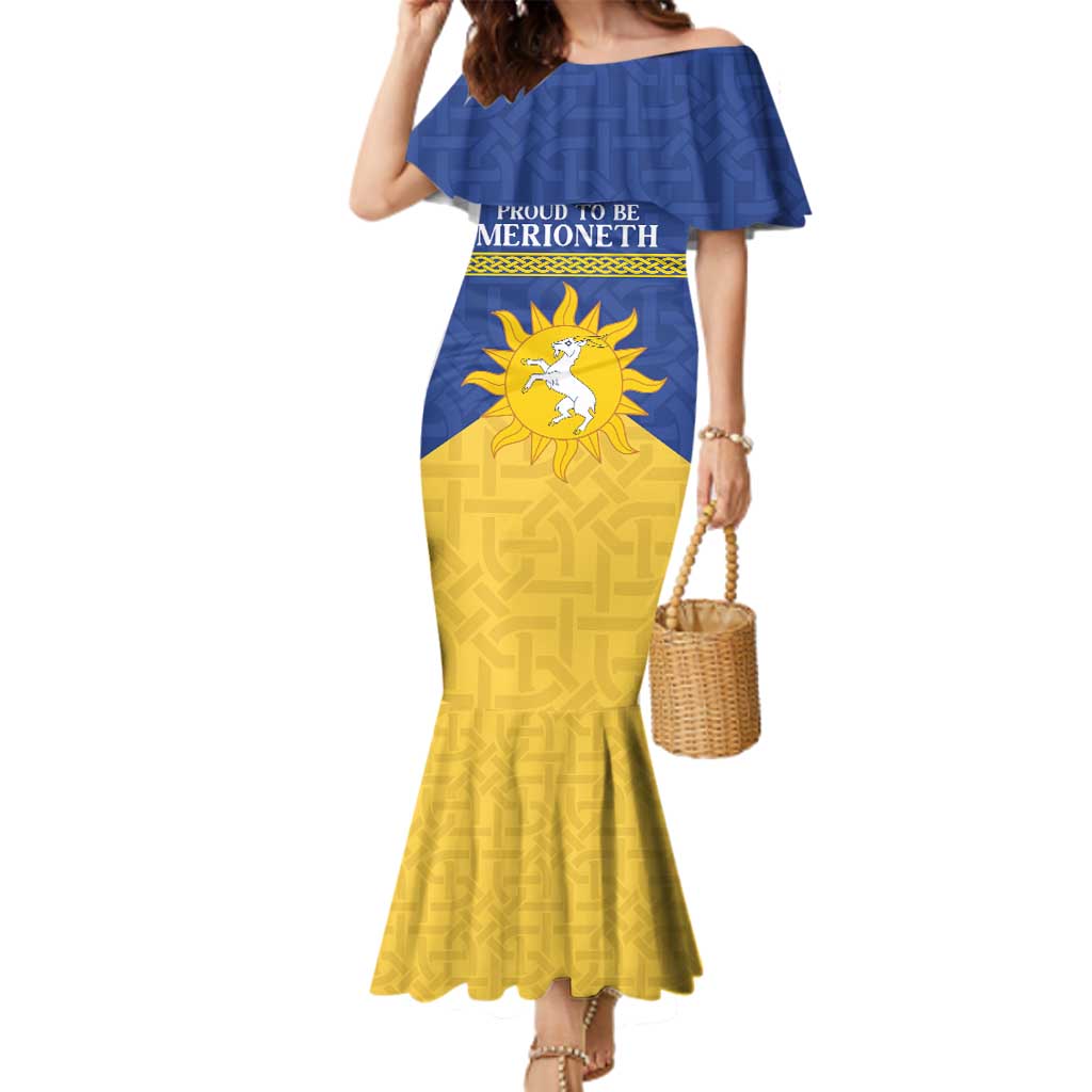 Personalized Merionethshire Wales Family Matching Mermaid Dress and Hawaiian Shirt Celtic Sun and Goat Design - Wonder Print Shop