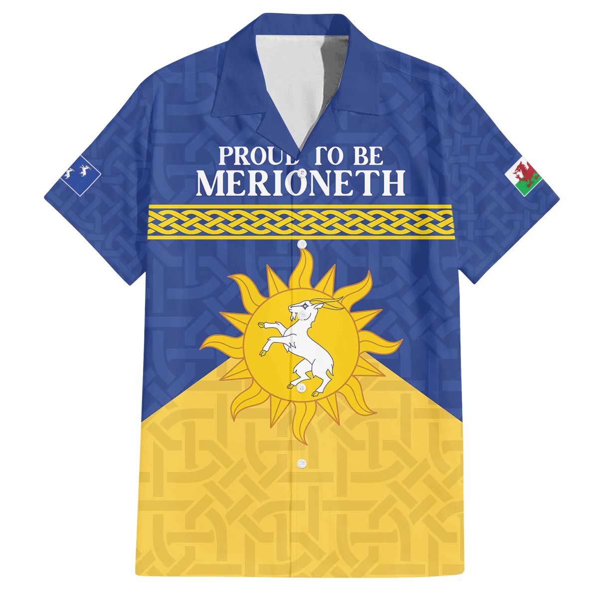 Personalized Merionethshire Wales Family Matching Off The Shoulder Long Sleeve Dress and Hawaiian Shirt Celtic Sun and Goat Design - Wonder Print Shop