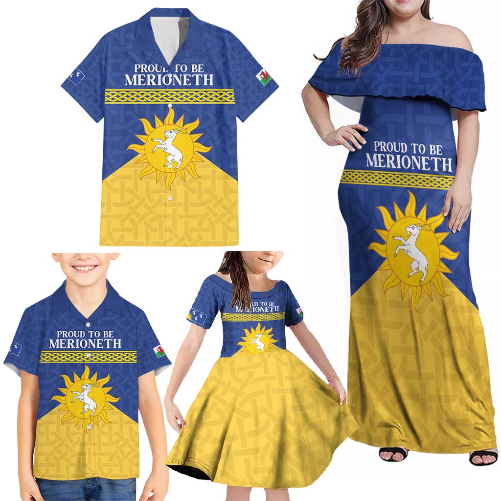 Personalized Merionethshire Wales Family Matching Off Shoulder Maxi Dress and Hawaiian Shirt Celtic Sun and Goat Design - Wonder Print Shop