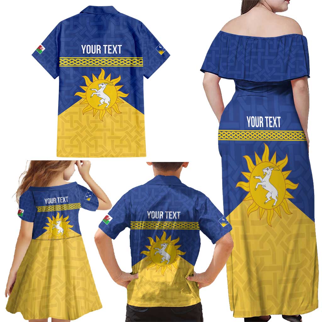 Personalized Merionethshire Wales Family Matching Off Shoulder Maxi Dress and Hawaiian Shirt Celtic Sun and Goat Design - Wonder Print Shop