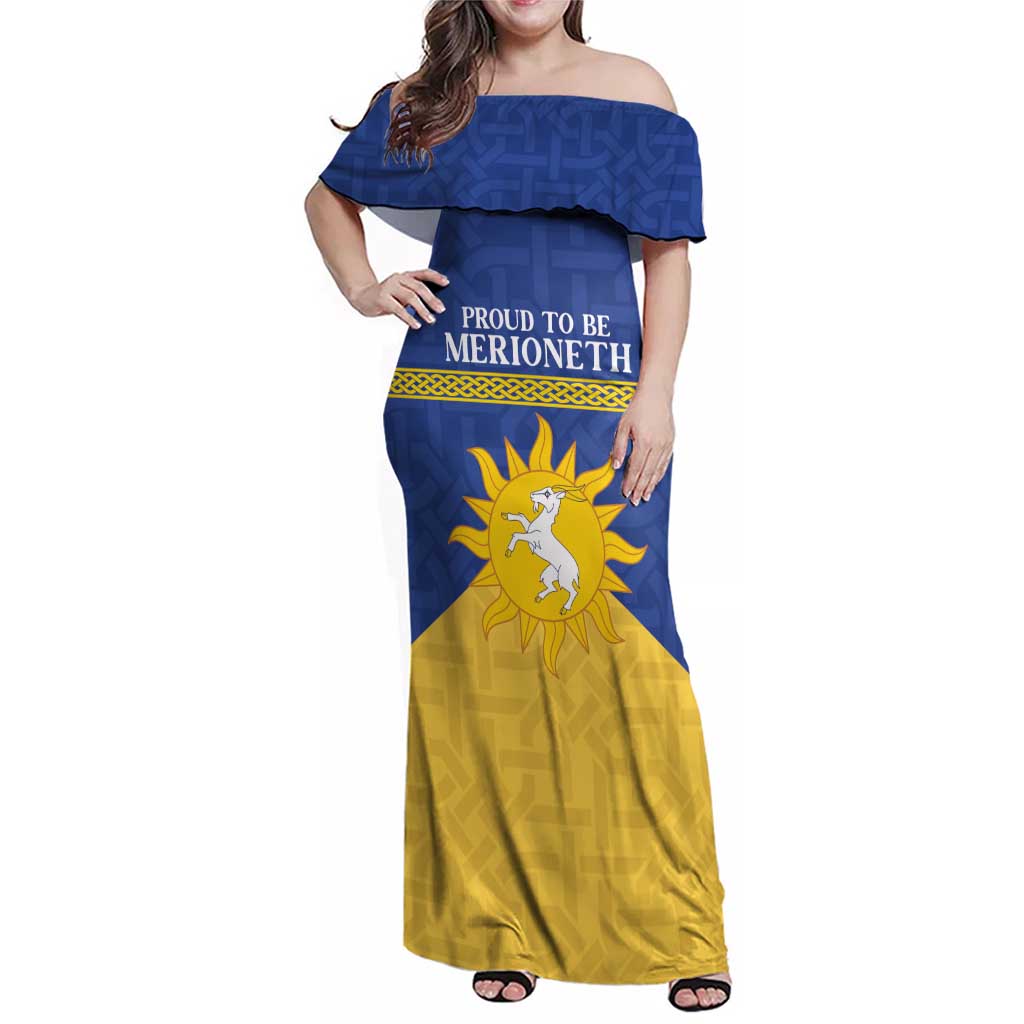 Personalized Merionethshire Wales Family Matching Off Shoulder Maxi Dress and Hawaiian Shirt Celtic Sun and Goat Design - Wonder Print Shop