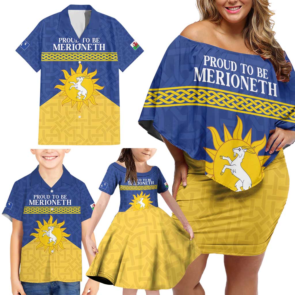 Personalized Merionethshire Wales Family Matching Off Shoulder Short Dress and Hawaiian Shirt Celtic Sun and Goat Design - Wonder Print Shop