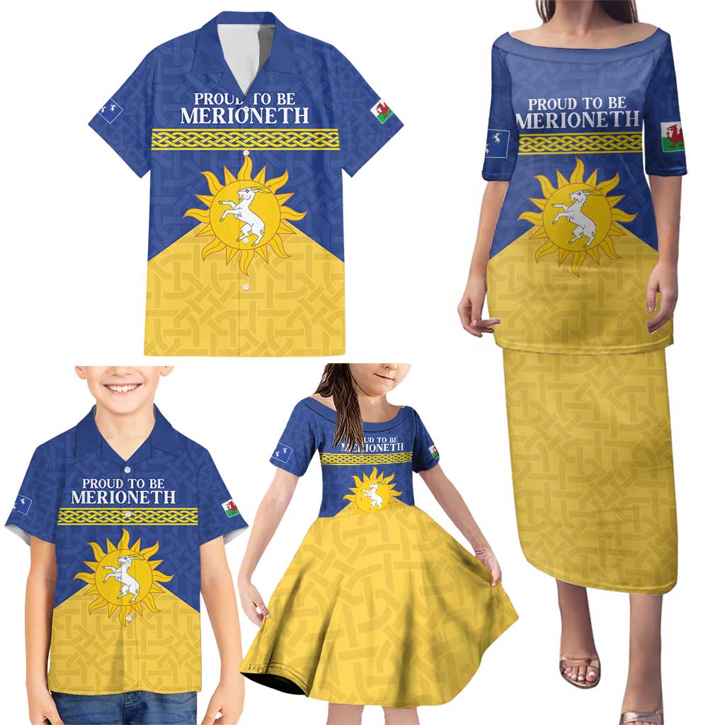 Personalized Merionethshire Wales Family Matching Puletasi and Hawaiian Shirt Celtic Sun and Goat Design - Wonder Print Shop