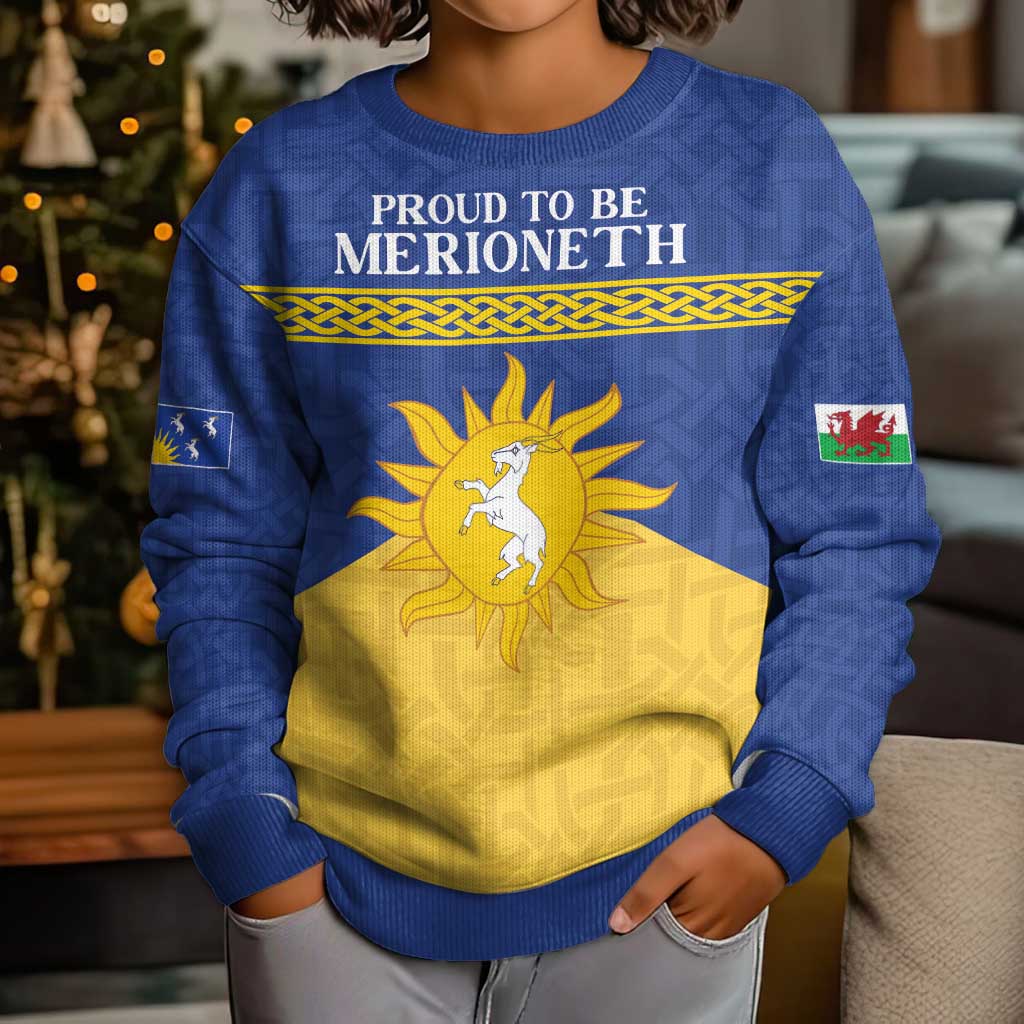 Personalized Merionethshire Wales Kid Ugly Christmas Sweater Celtic Sun and Goat Design - Wonder Print Shop