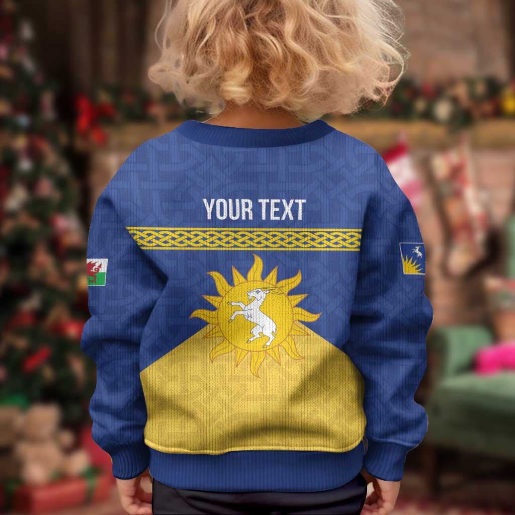 Personalized Merionethshire Wales Kid Ugly Christmas Sweater Celtic Sun and Goat Design - Wonder Print Shop