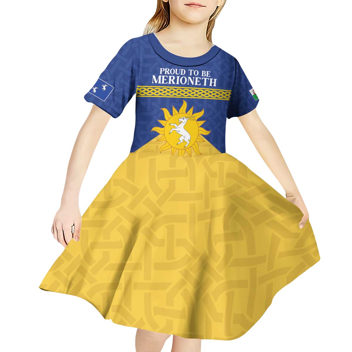 Personalized Merionethshire Wales Kid Short Sleeve Dress Celtic Sun and Goat Design - Wonder Print Shop