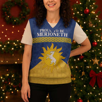 Personalized Merionethshire Wales Christmas Knitted V-Neck Vest Celtic Sun and Goat Design - Wonder Print Shop