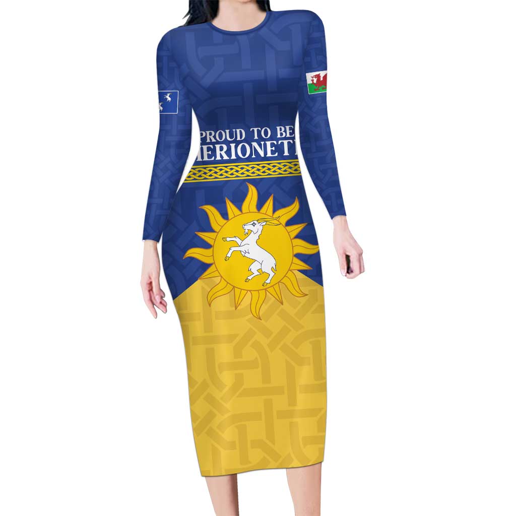 Personalized Merionethshire Wales Long Sleeve Bodycon Dress Celtic Sun and Goat Design - Wonder Print Shop