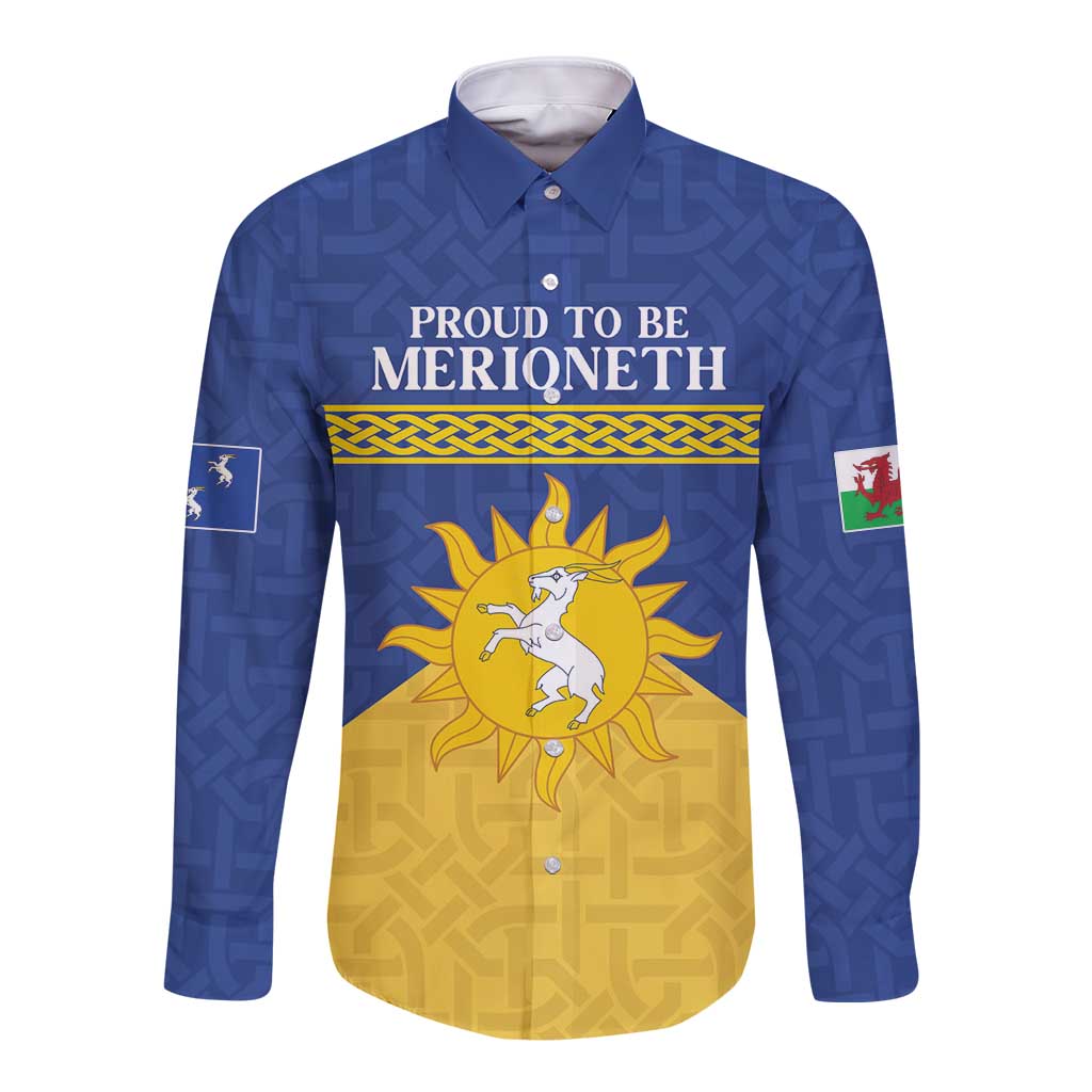 Personalized Merionethshire Wales Long Sleeve Button Shirt Celtic Sun and Goat Design - Wonder Print Shop