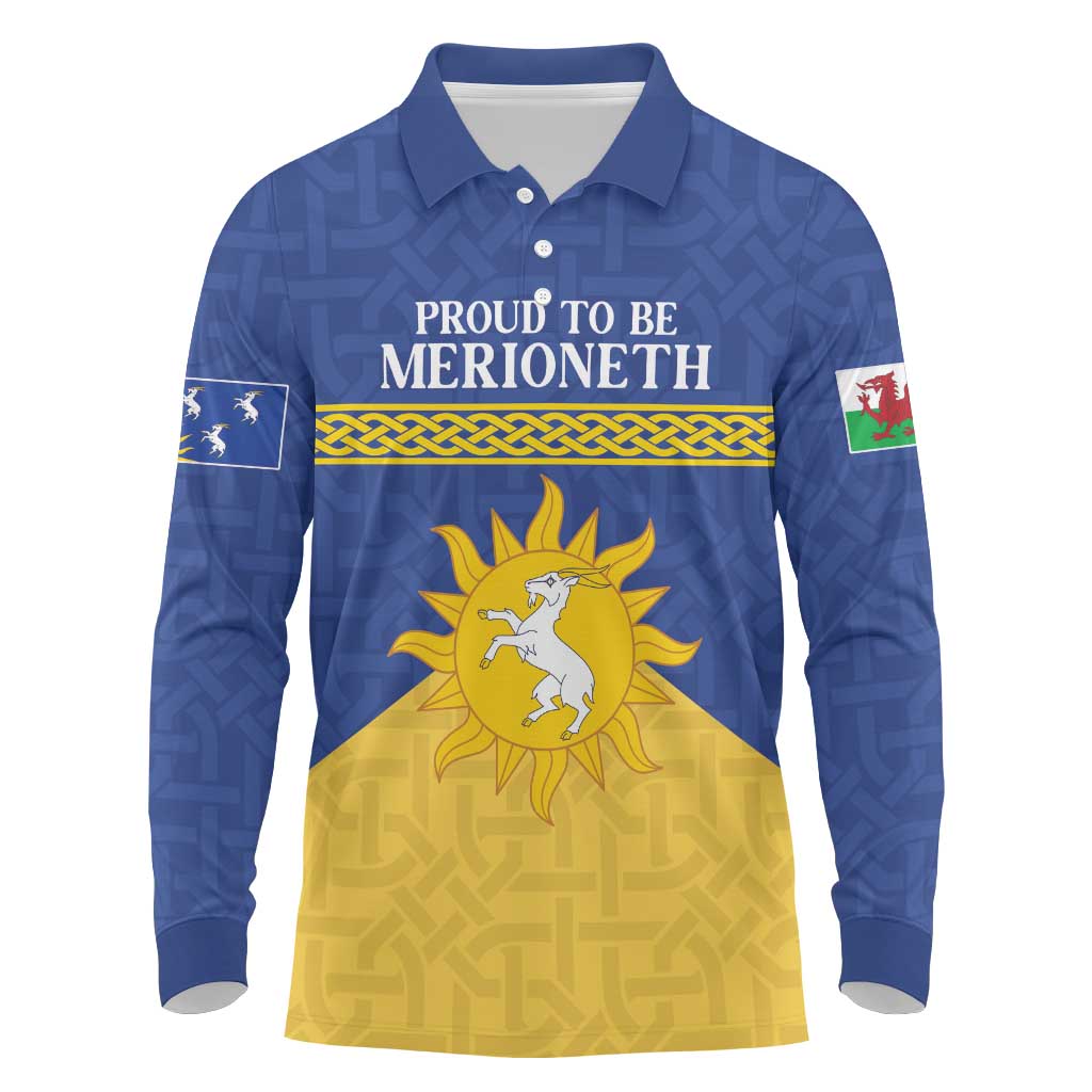 Personalized Merionethshire Wales Long Sleeve Polo Shirt Celtic Sun and Goat Design - Wonder Print Shop