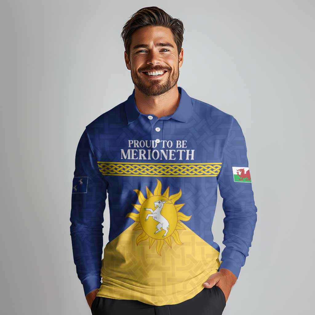 Personalized Merionethshire Wales Long Sleeve Polo Shirt Celtic Sun and Goat Design - Wonder Print Shop