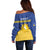 Personalized Merionethshire Wales Off Shoulder Sweater Celtic Sun and Goat Design - Wonder Print Shop
