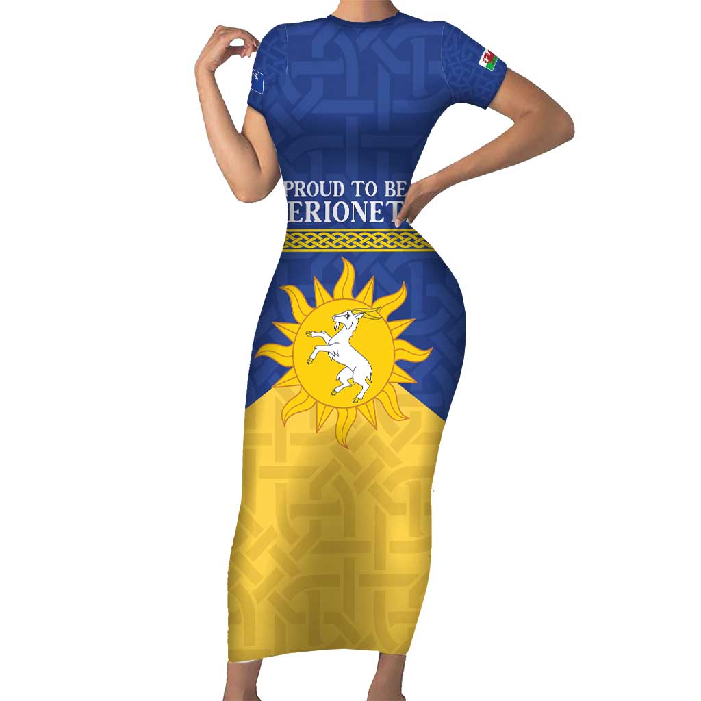Personalized Merionethshire Wales Short Sleeve Bodycon Dress Celtic Sun and Goat Design - Wonder Print Shop
