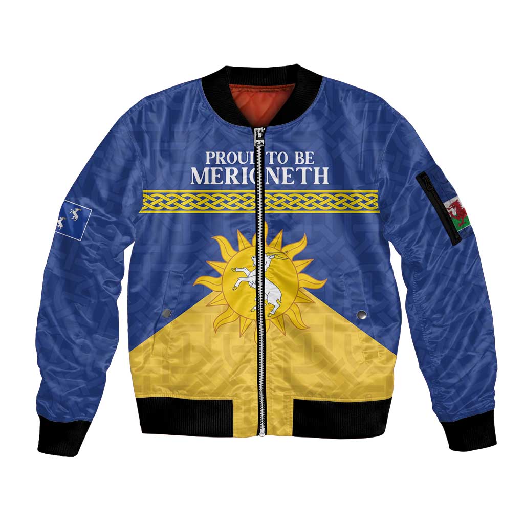 Personalized Merionethshire Wales Sleeve Zip Bomber Jacket Celtic Sun and Goat Design - Wonder Print Shop