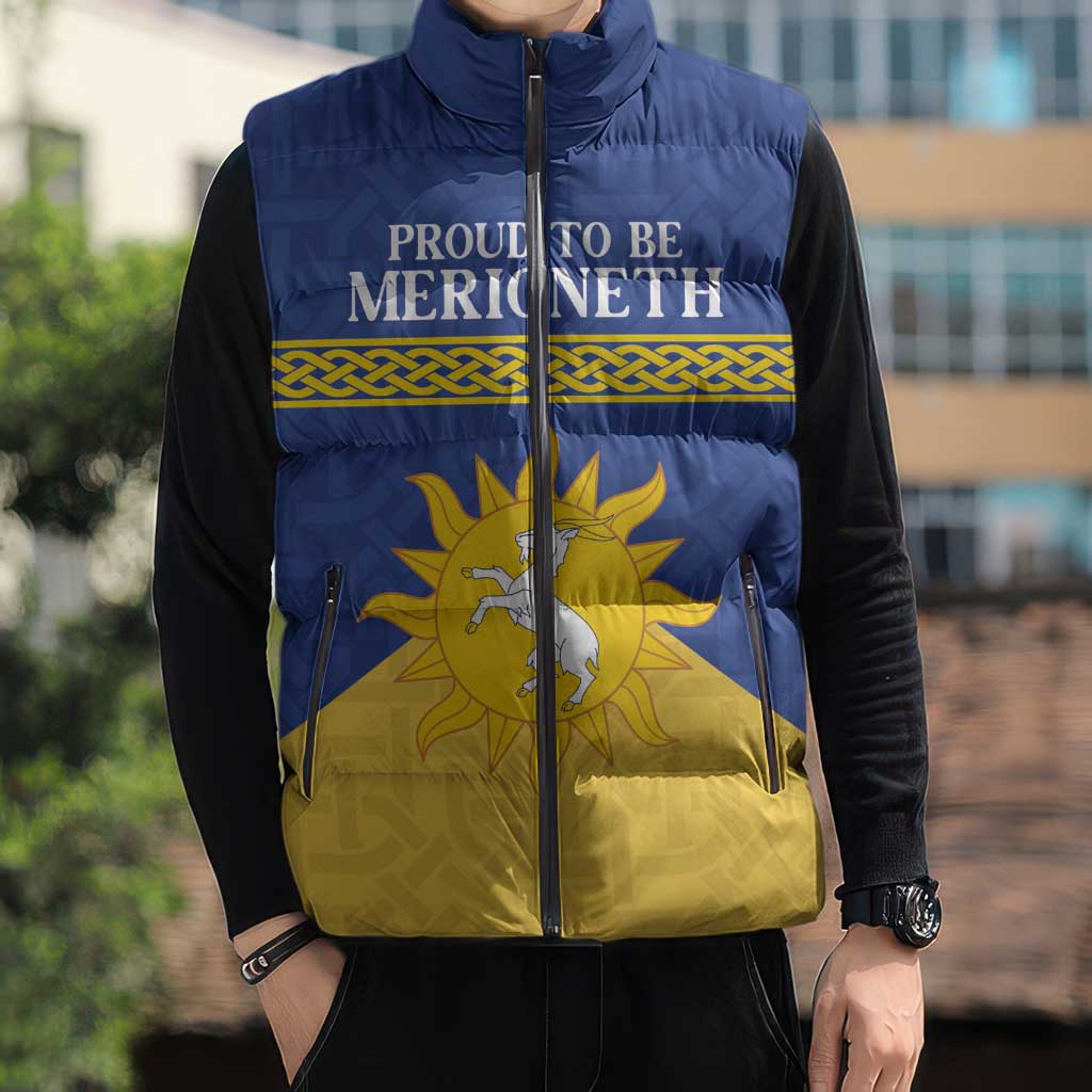 Personalized Merionethshire Wales Sleeveless Puffer Jacket Celtic Sun and Goat Design - Wonder Print Shop