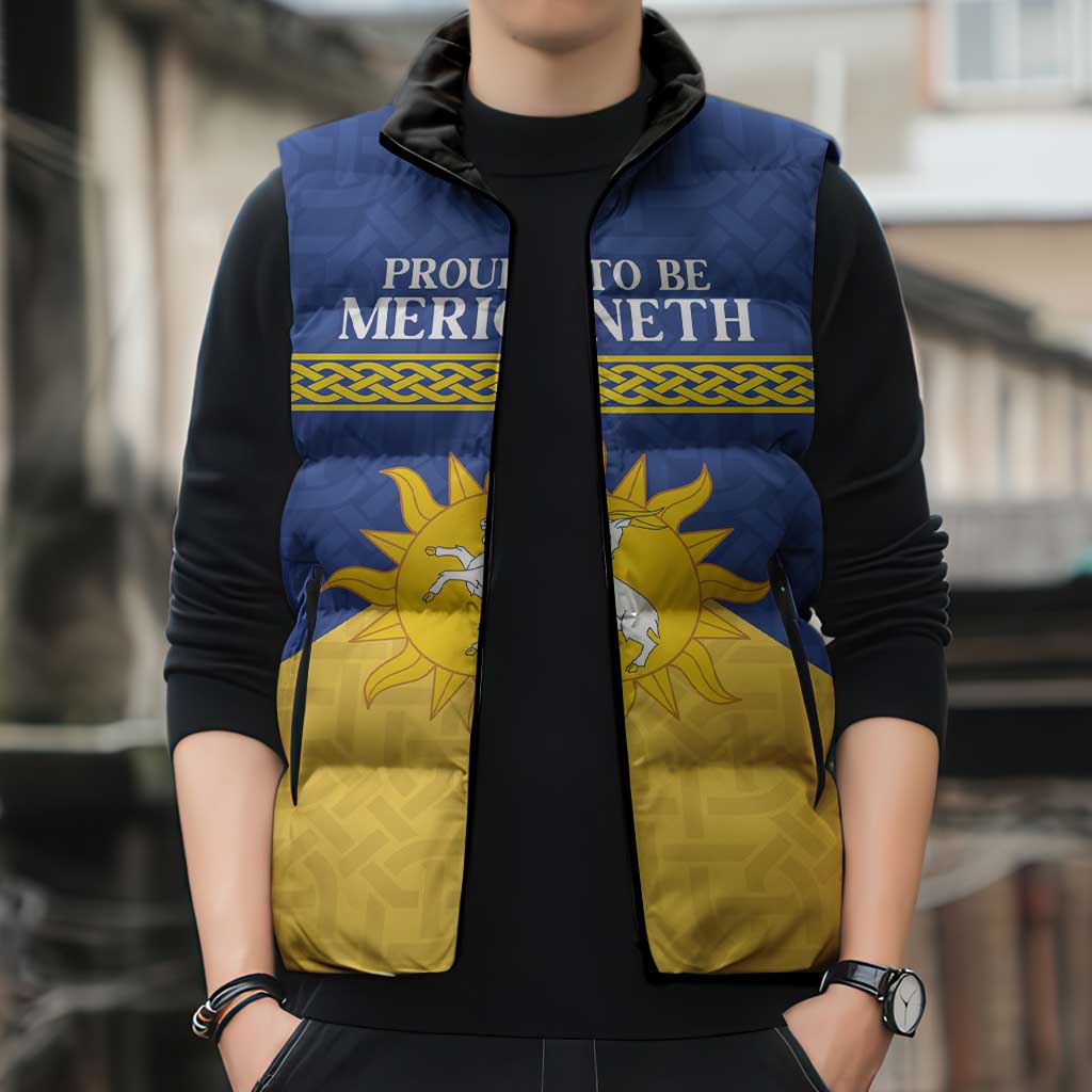 Personalized Merionethshire Wales Sleeveless Puffer Jacket Celtic Sun and Goat Design - Wonder Print Shop