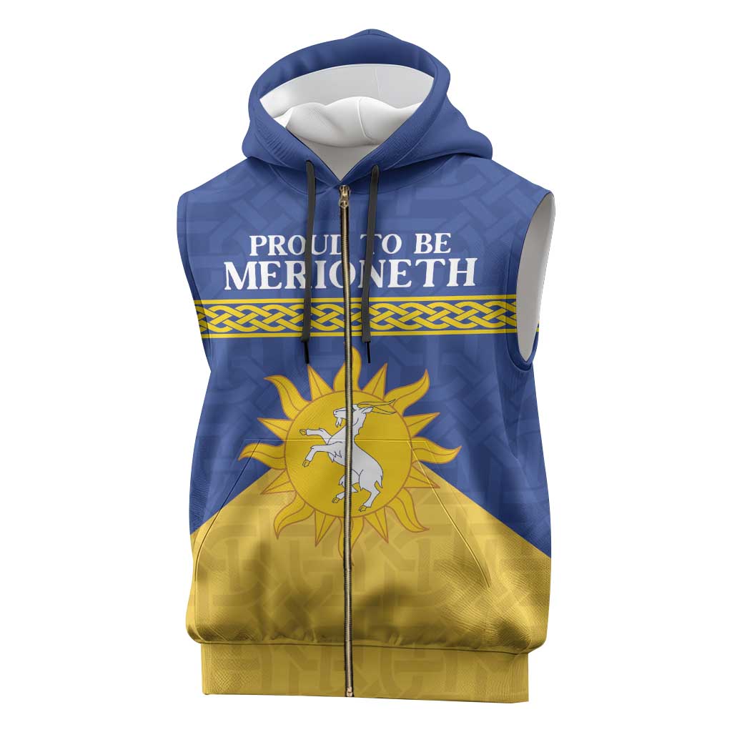 Personalized Merionethshire Wales Sleeveless Zip Hoodie Celtic Sun and Goat Design - Wonder Print Shop