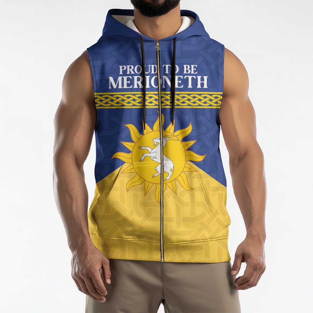 Personalized Merionethshire Wales Sleeveless Zip Hoodie Celtic Sun and Goat Design - Wonder Print Shop