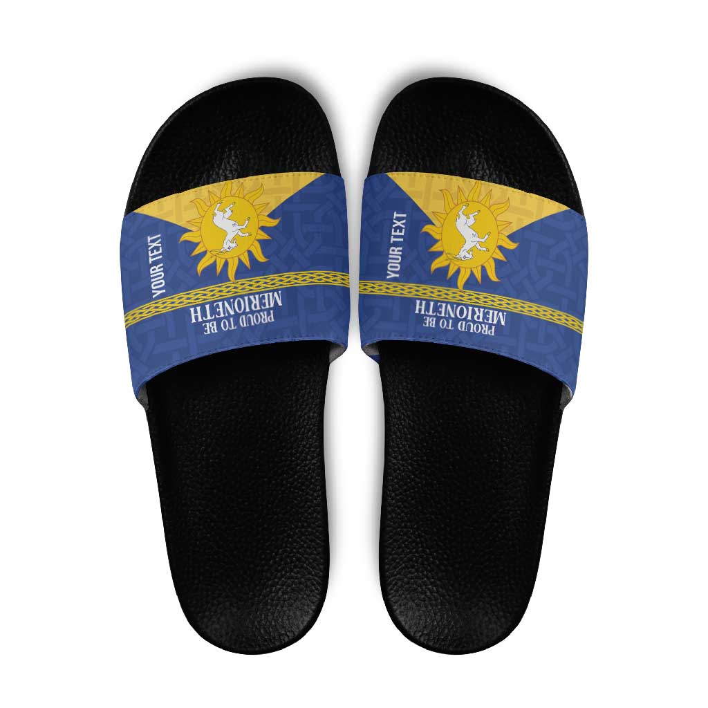 Personalized Merionethshire Wales Slide Sandals Celtic Sun and Goat Design - Wonder Print Shop