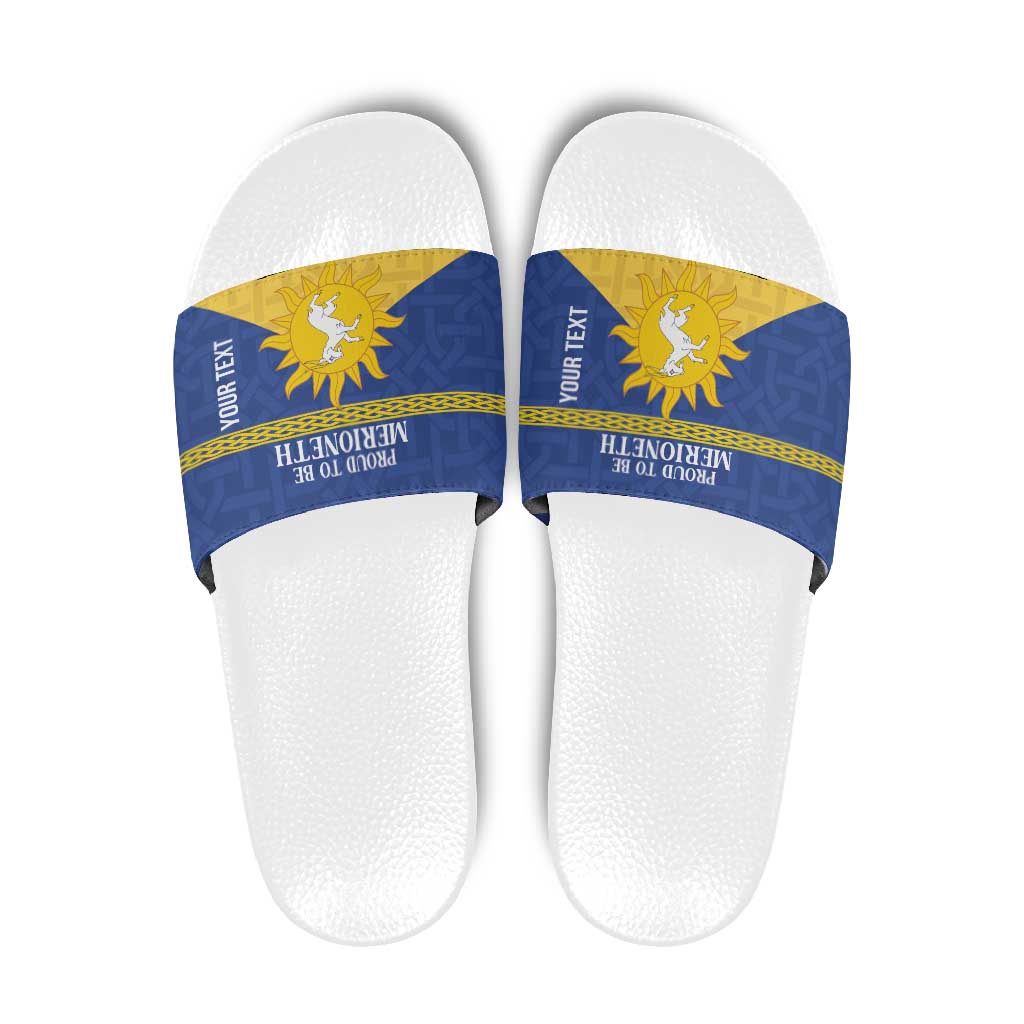 Personalized Merionethshire Wales Slide Sandals Celtic Sun and Goat Design - Wonder Print Shop