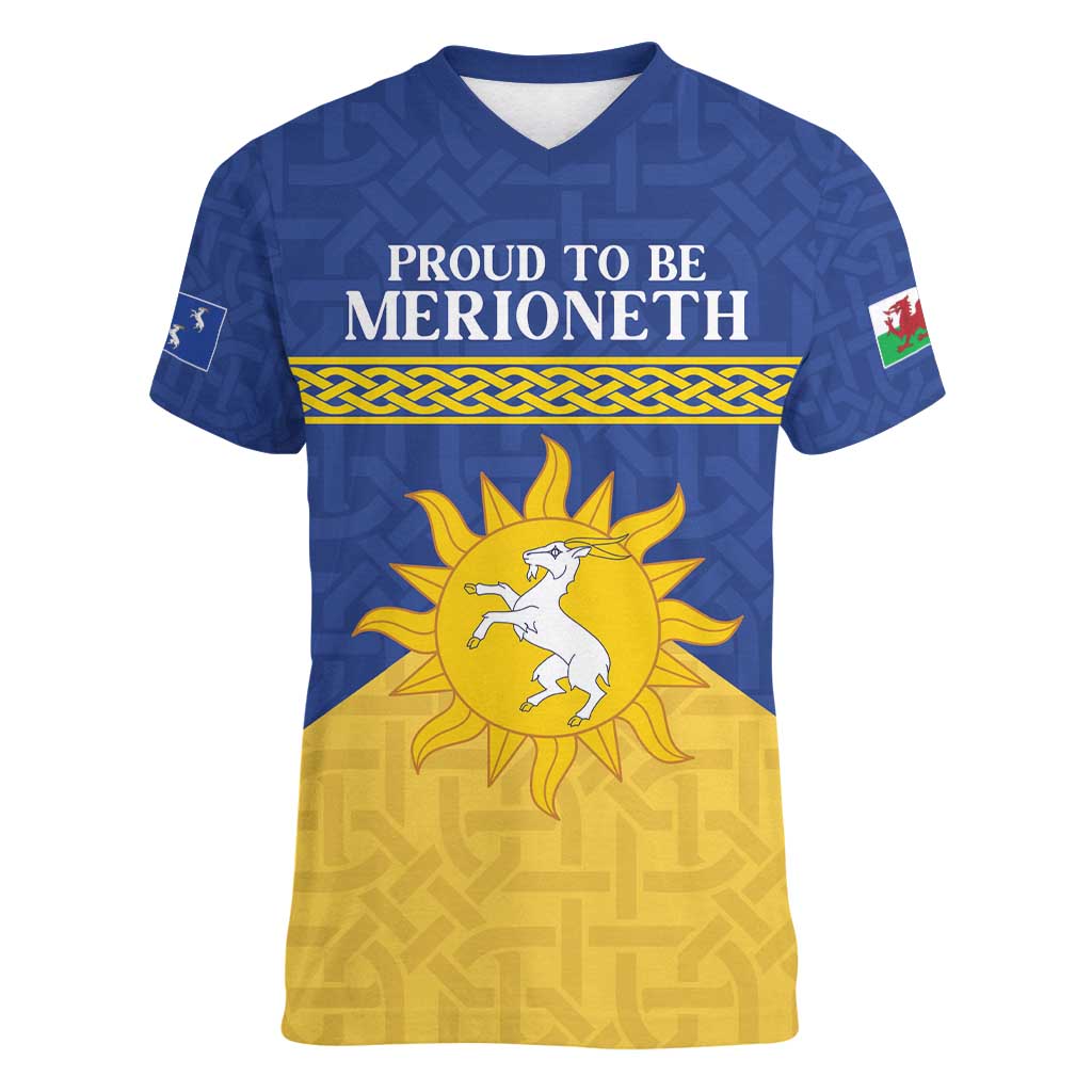 Personalized Merionethshire Wales Women V-Neck T-Shirt Celtic Sun and Goat Design - Wonder Print Shop